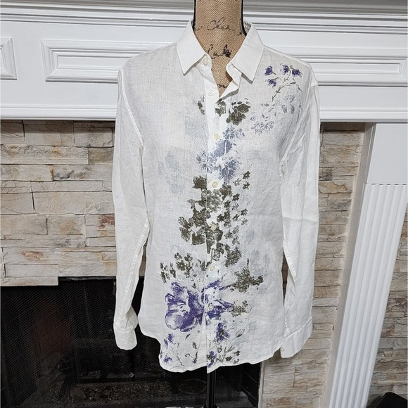 Elie Tahari Tops - Elie Tahar white green purple floral linen women's button down shirt size medium
